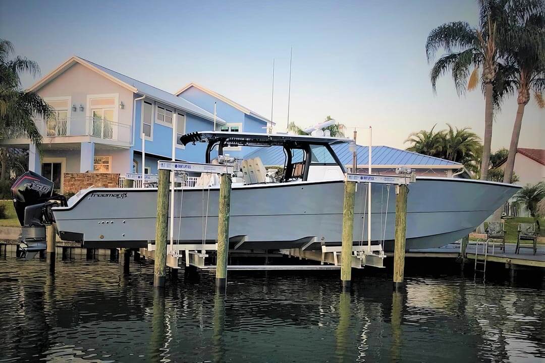 8-Pile Boat Lift with a 32K Boat - Boat Lift US